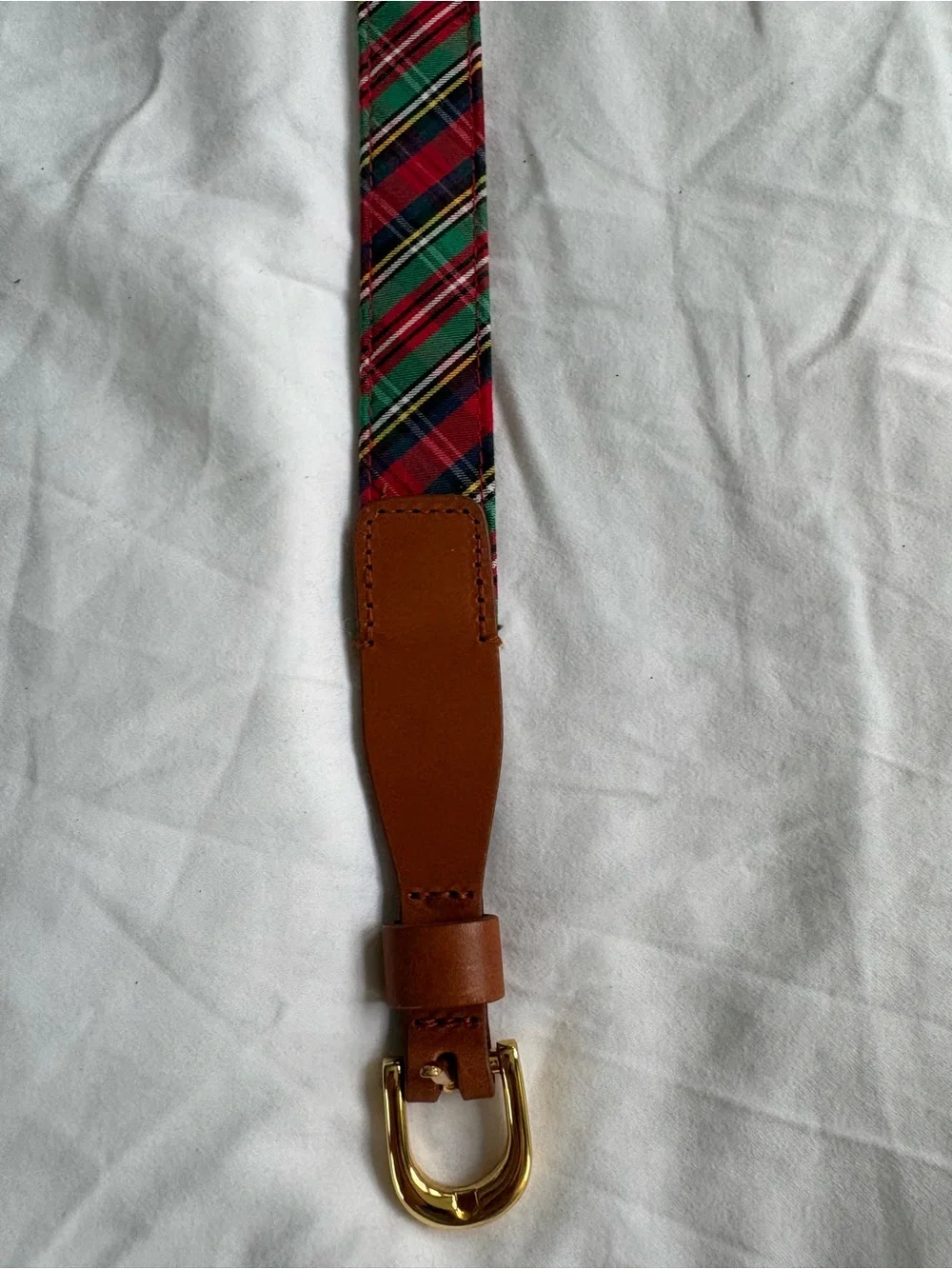 Vineyard Vines Tarton Plaid Cotton Cashmere Leather Belt Gold Buckle Preppy